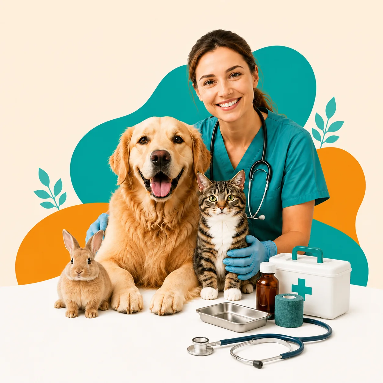 Veterinaria de Valpets junto a un golden retriever, un gato y un conejo, con instrumental clínico
