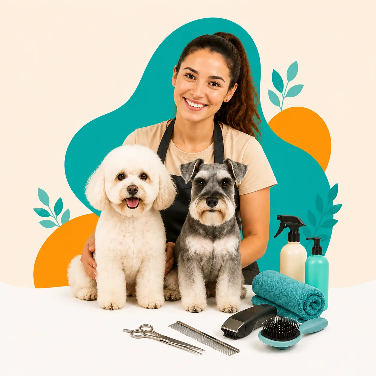 Peluquera de Valpets junto a un poodle y un schnauzer, con herramientas de peluquería canina
