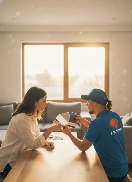 Técnico FilmSolar mostrando muestras de láminas a cliente