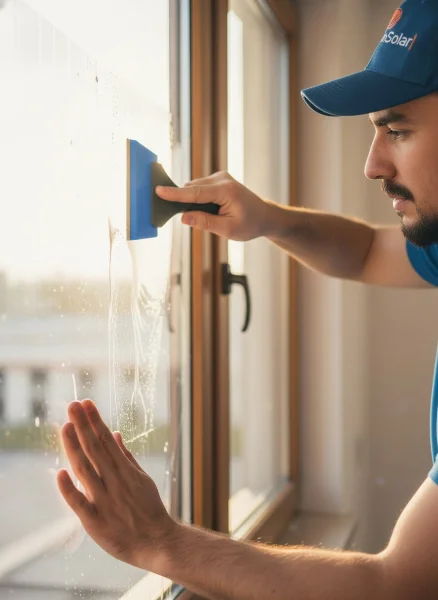 Técnico FilmSolar instalando lámina con herramienta profesional